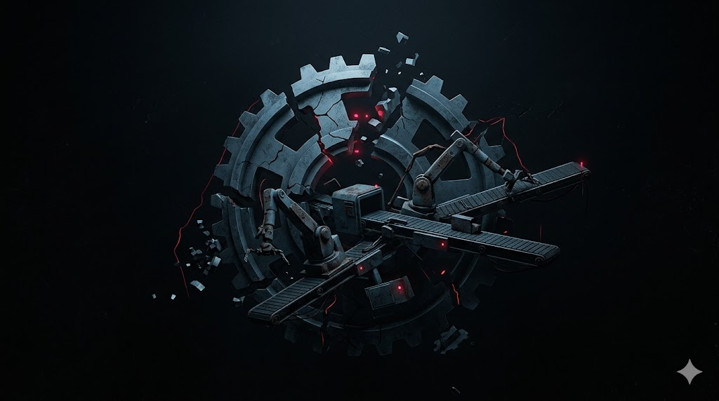 Abstract dark composition with red accent representing industrial gears collapsing