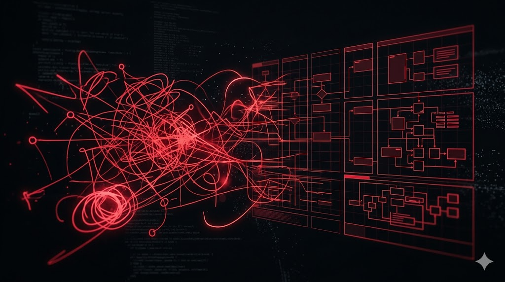Composição abstrata em tons escuros com acento vermelho representando contrato versus improviso em código